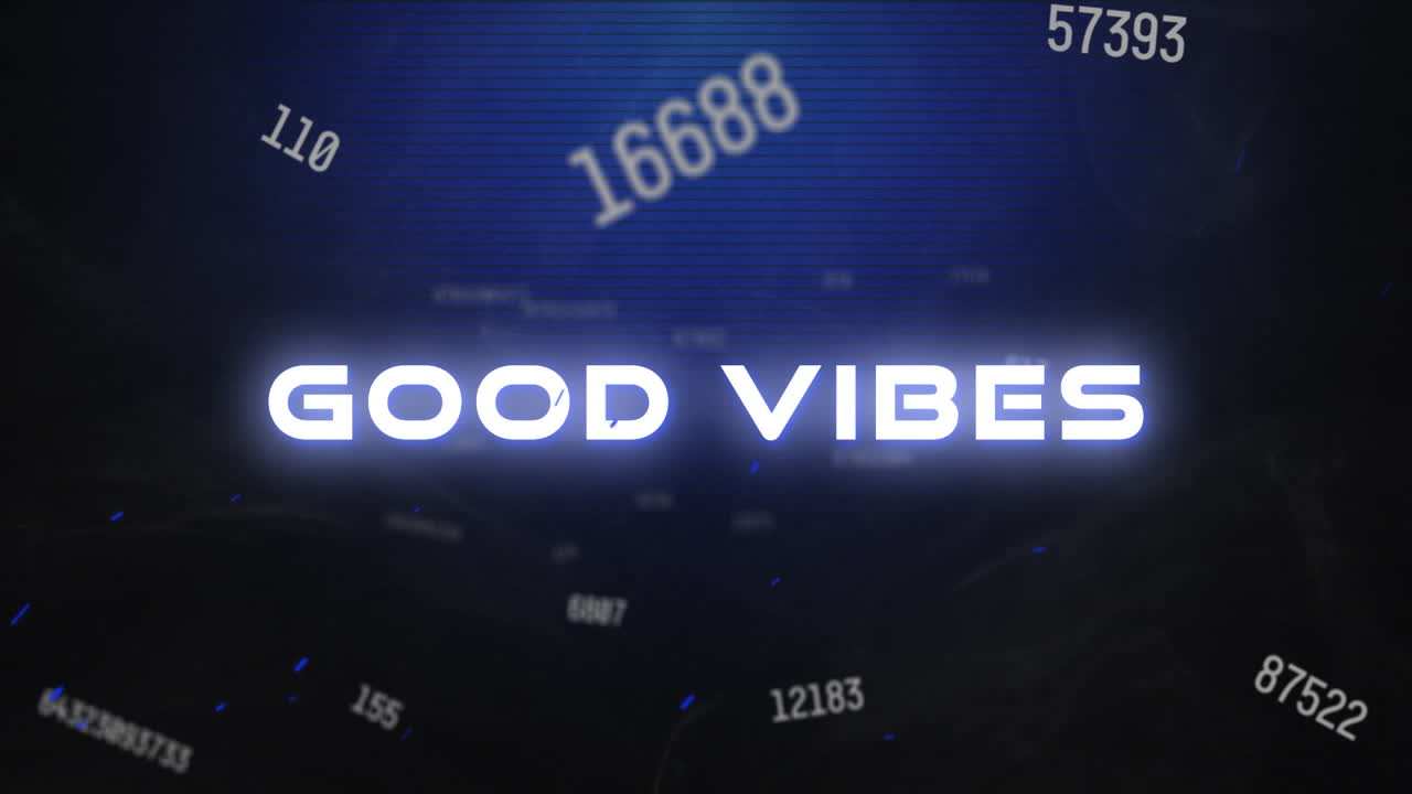 Animazione del testo 'good vibes' con numeri fluttuanti su sfondo blu