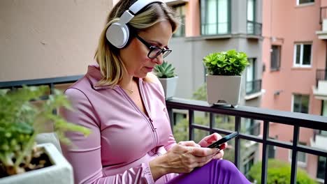 a woman wearing headphones and glasses is sitting on a balcony and looking at her phone.