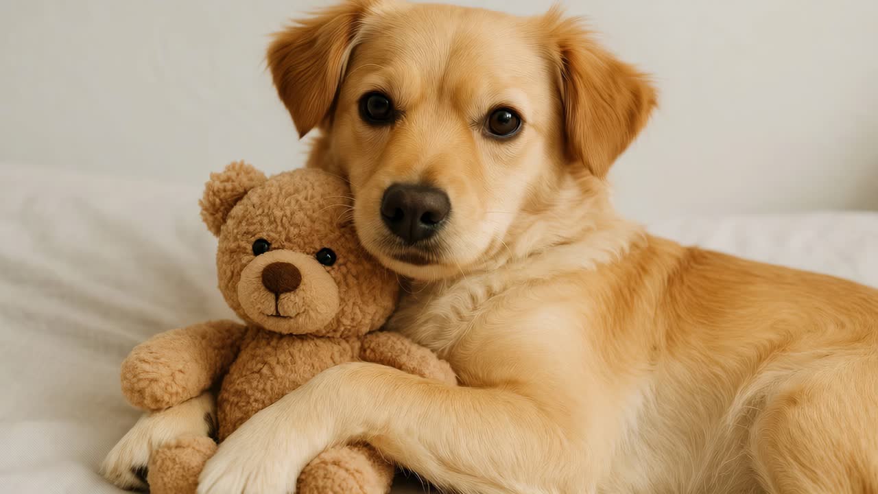 A cozy, close-up video shot of a golden dog cuddling a teddy bear on a bed, capturing a heartwarming