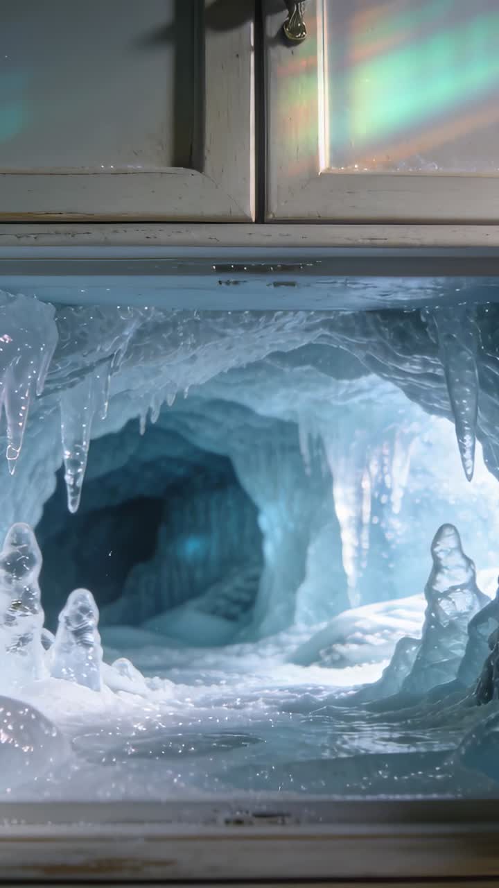 Video verticale: Luce cangiante che rivela una grotta di ghiaccio sotto le ante di un mobile, esponendo stalattiti e un tunnel.