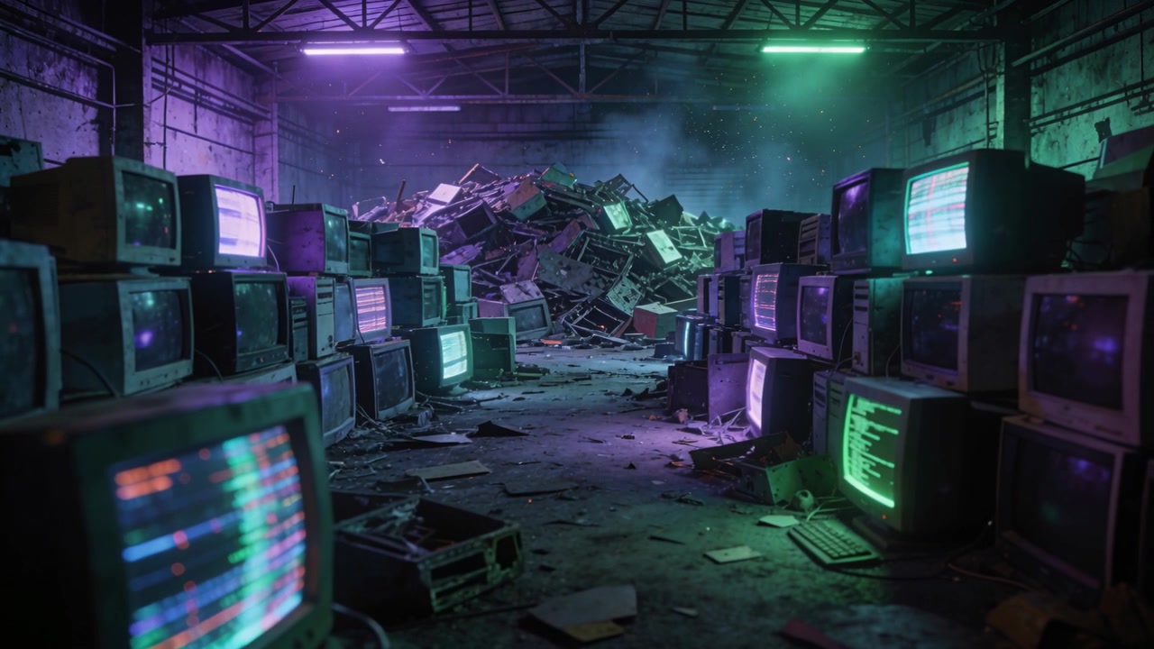 Energia pulsante che provoca lo sfarfallio di monitor CRT e computer impilati lungo il corridoio di un magazzino, foschia