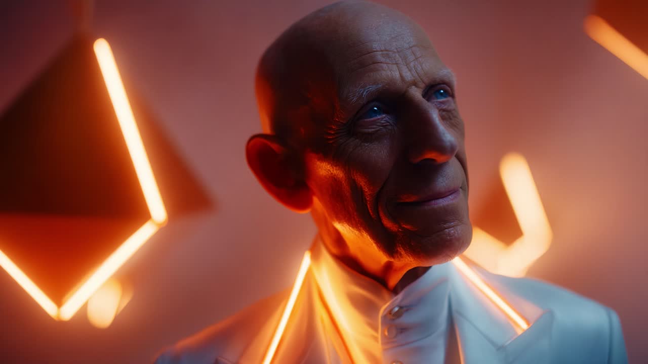 A contemplative figure in a futuristic setting, adorned in a sleek white suit, illuminated by vibrant neon lights that enhance the intriguing atmosphere of the scene