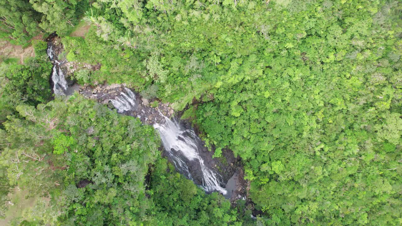 una cascada en cascada en medio de la vegetación exuberante en el sur de mauricio, escena de naturaleza tranquila, vista aérea
