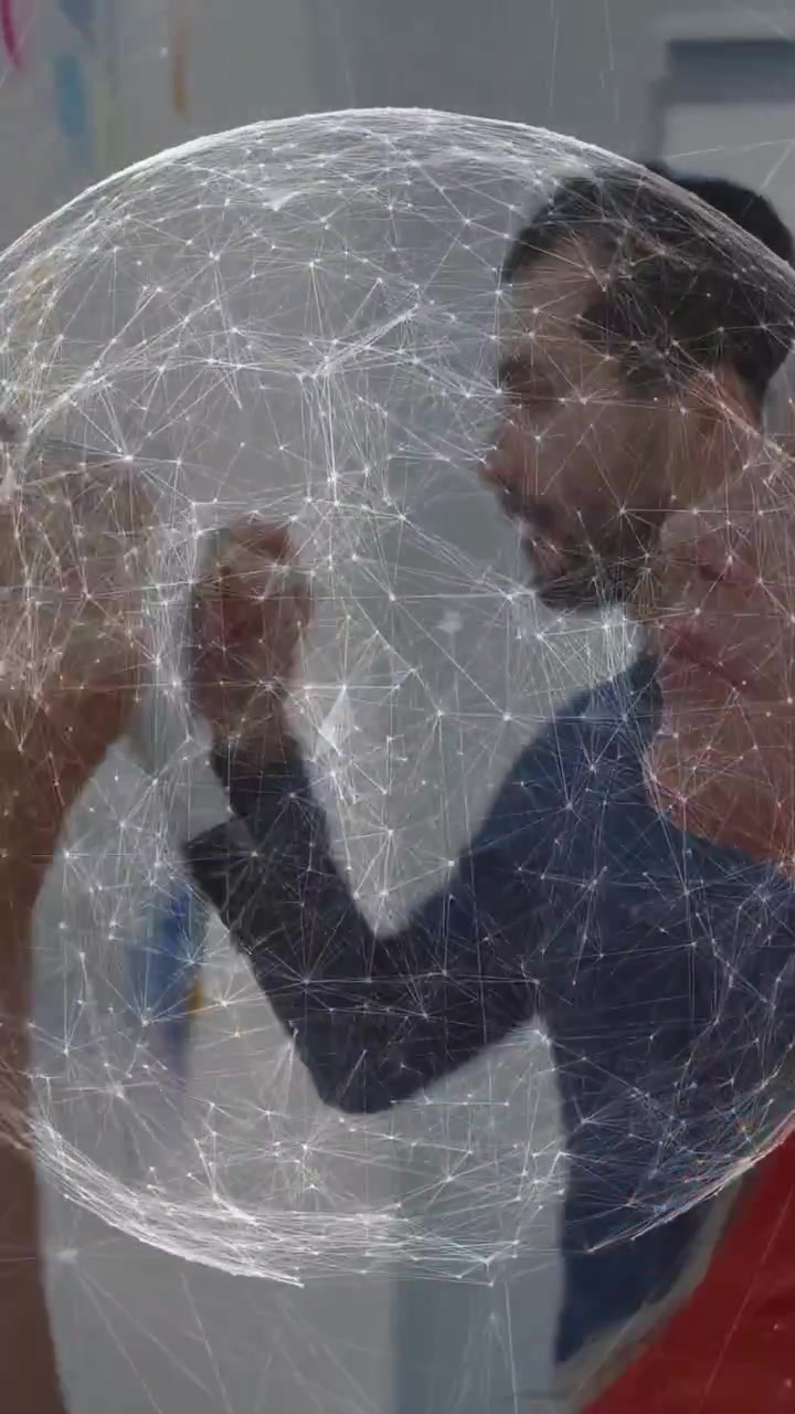 Presenter writing on whiteboard after colleague pointing, business team mapping with network sphere