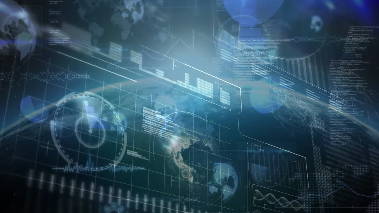 3D render showing holographic Earth globe spinning in space, showing grid radar HUD waveform charts