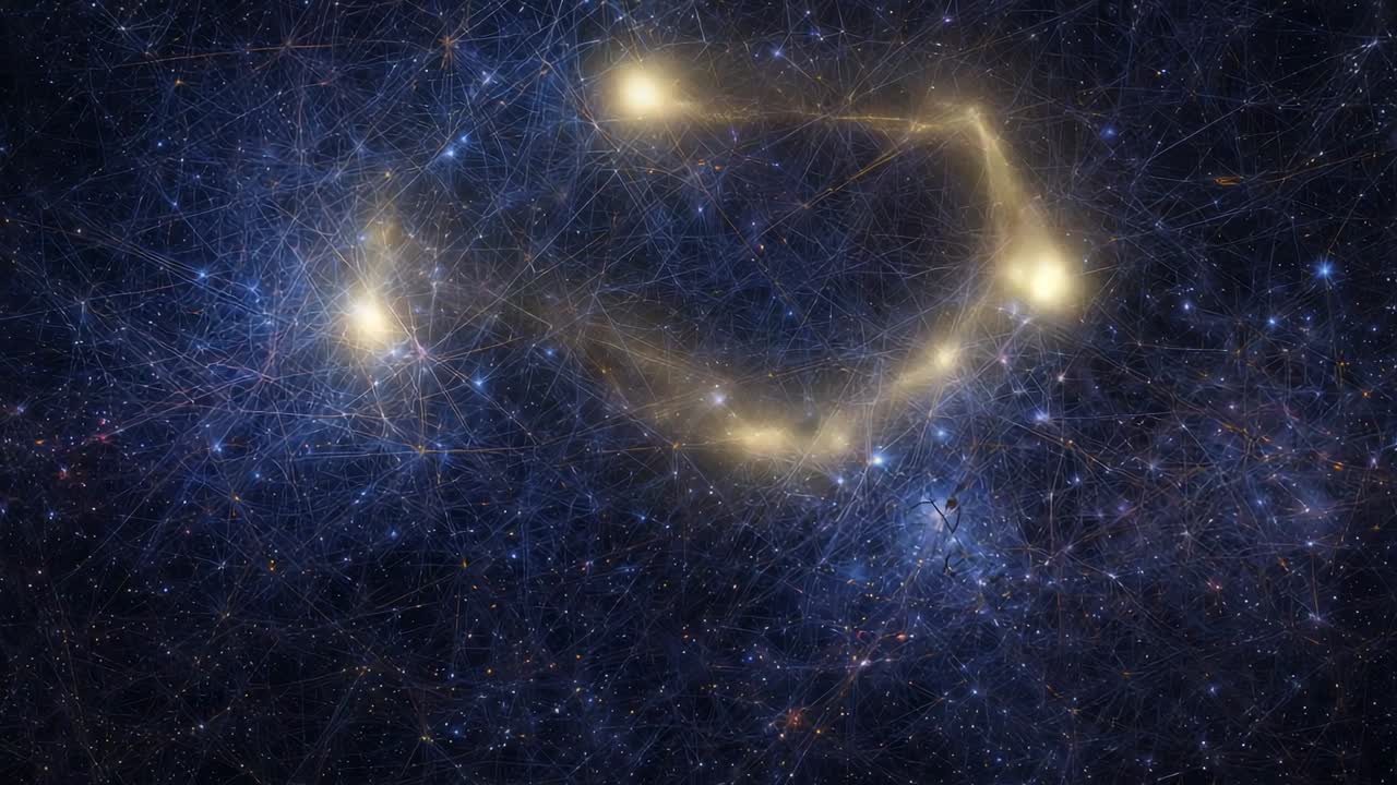 Nudo brillante, halos dorados que se desplazan y se unen en el espacio profundo, mostrando filamentos azules.