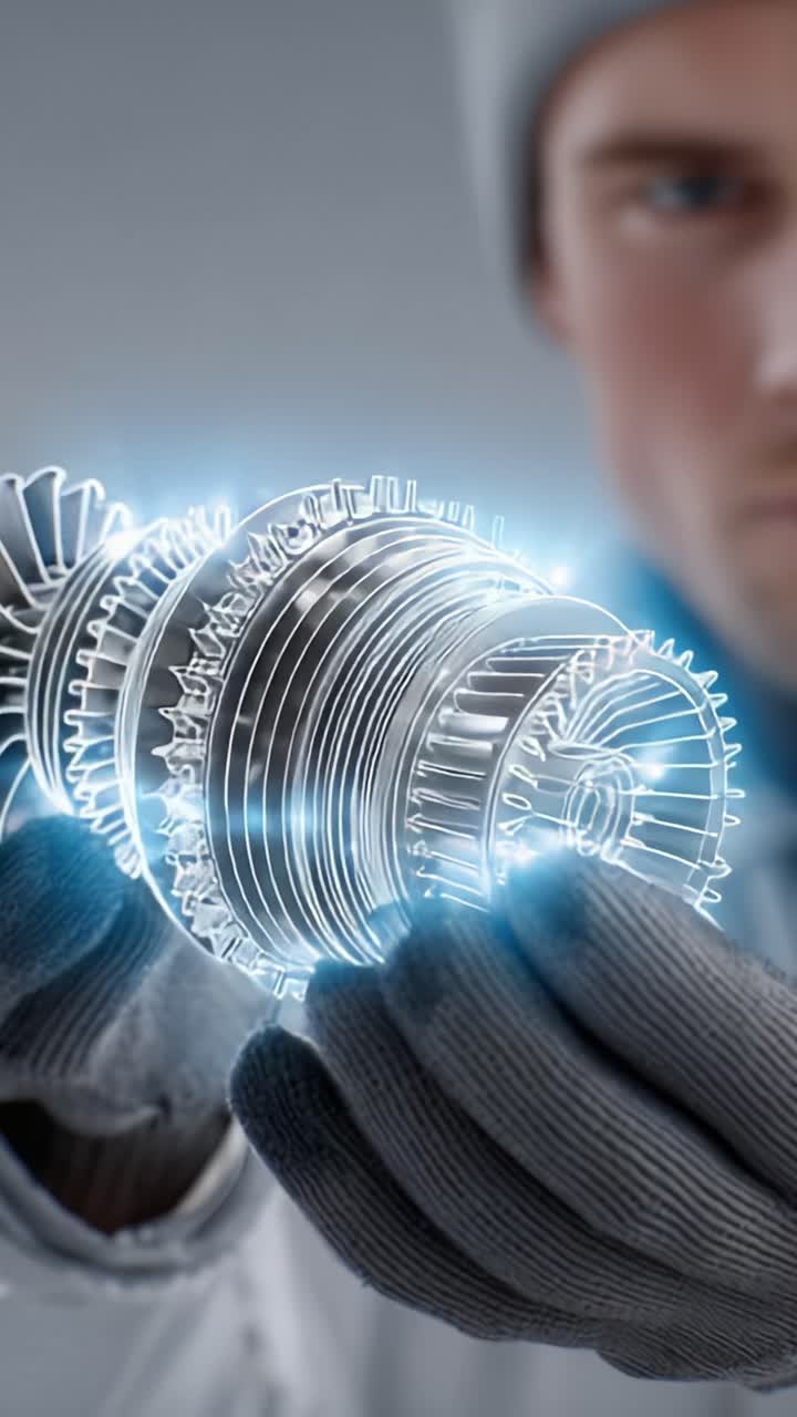 Technician Carefully Examines a High-Tech Turbine Component with Glowing Details in a Modern Workshop Environment, Highlighting Precision Engineering and Innovation