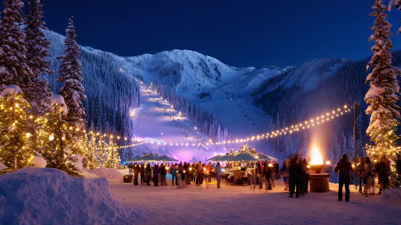 A Winter Wonderland: A Magical Night Scene Featuring Festive Gatherings Amidst Snow-Covered Mountains, Twinkling Lights, Cozy Warmth, and Vibrant Atmosphere Perfect for Celebrations and Enjoyment