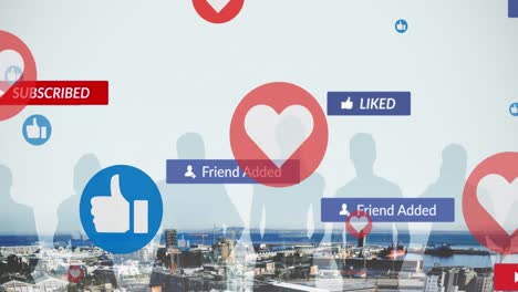 Animation-of-social-media-text-on-banners-with-digital-icons-over-cityscape