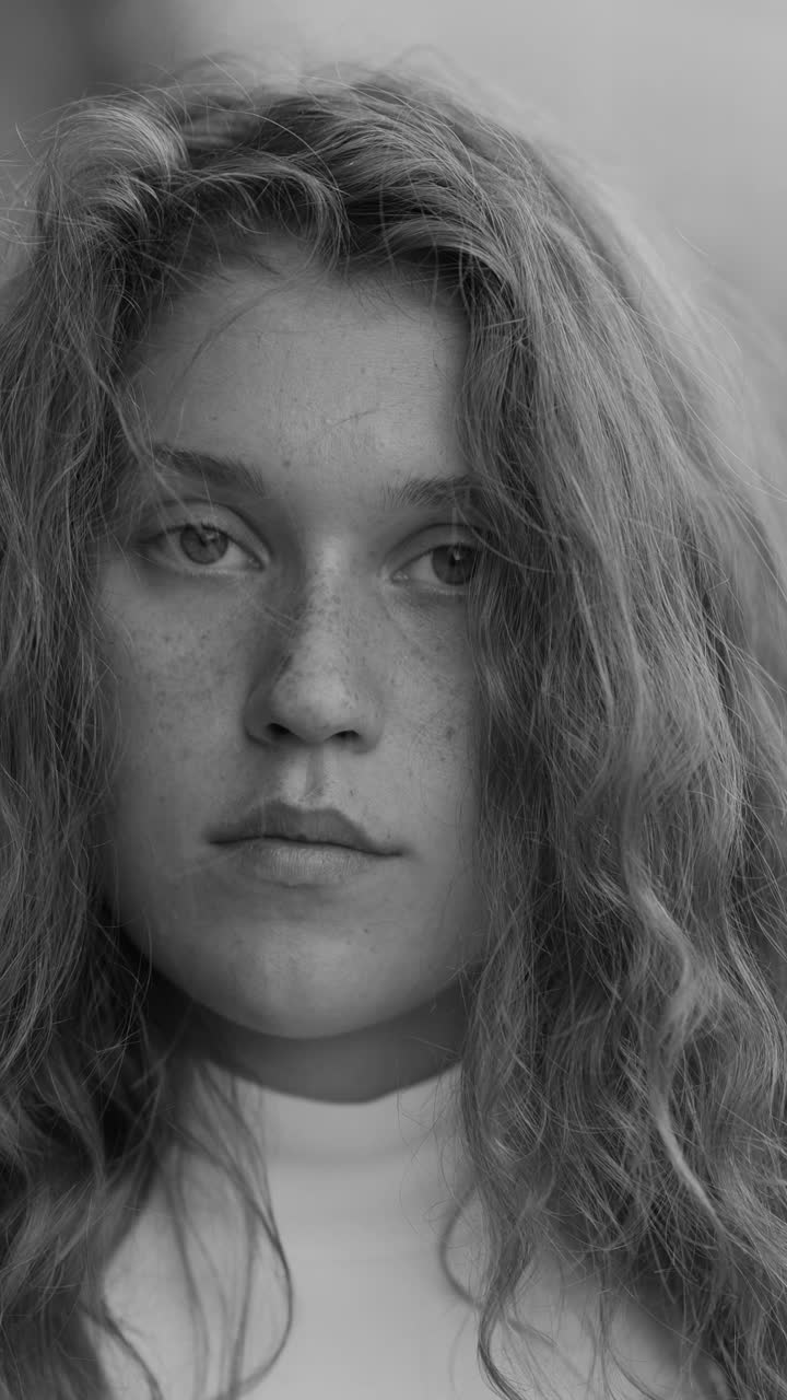 Close-up black and white portrait of a young woman