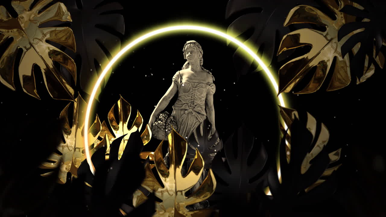 animación de la escultura gris de la mujer sobre formas y hojas