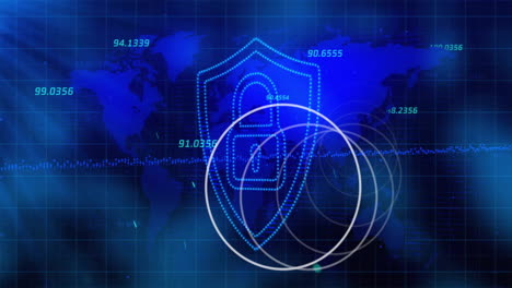 digital security shield and data encryption animation over world map background