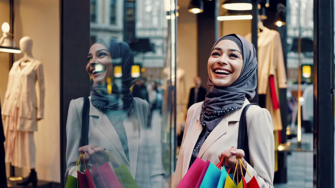 Happy Woman Shopping with Colorful Bags in Front of a Storefront