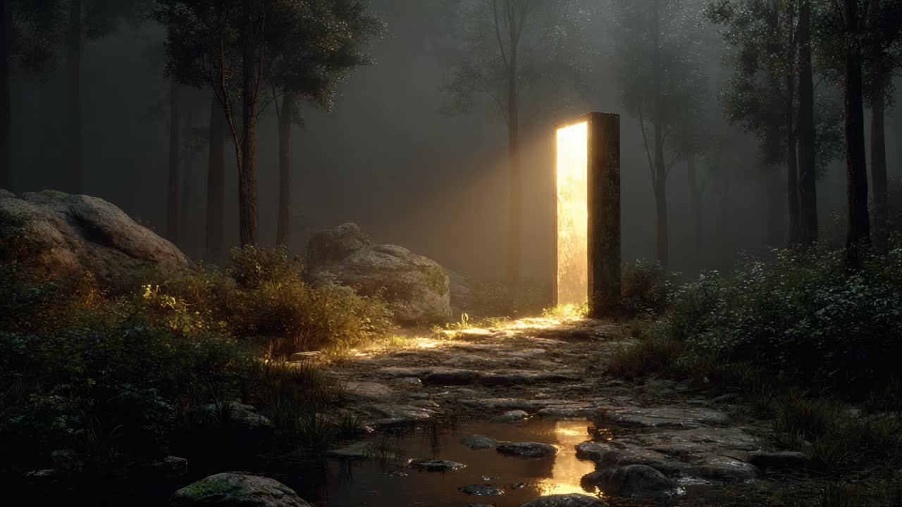 A Mysterious Gateway Illuminated in a Serene Forest Setting, Surrounded by Trees and Rocks, Creating an Enigmatic Atmosphere Enhancing the Unknown Journey Ahead