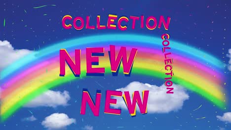 animation of new collection text and rainbow on blue background