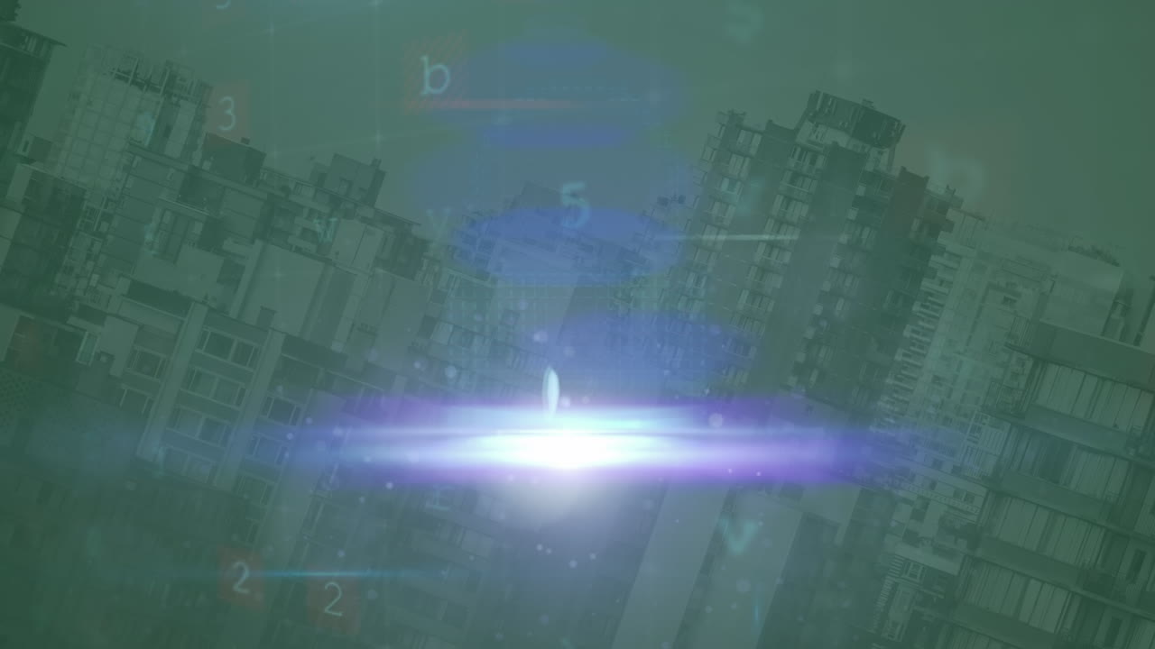 도시 풍경 위의 조명 트레일과 사이버 공격 경고의 애니메이션