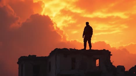 soldier's silhouette on ruined building at sunset