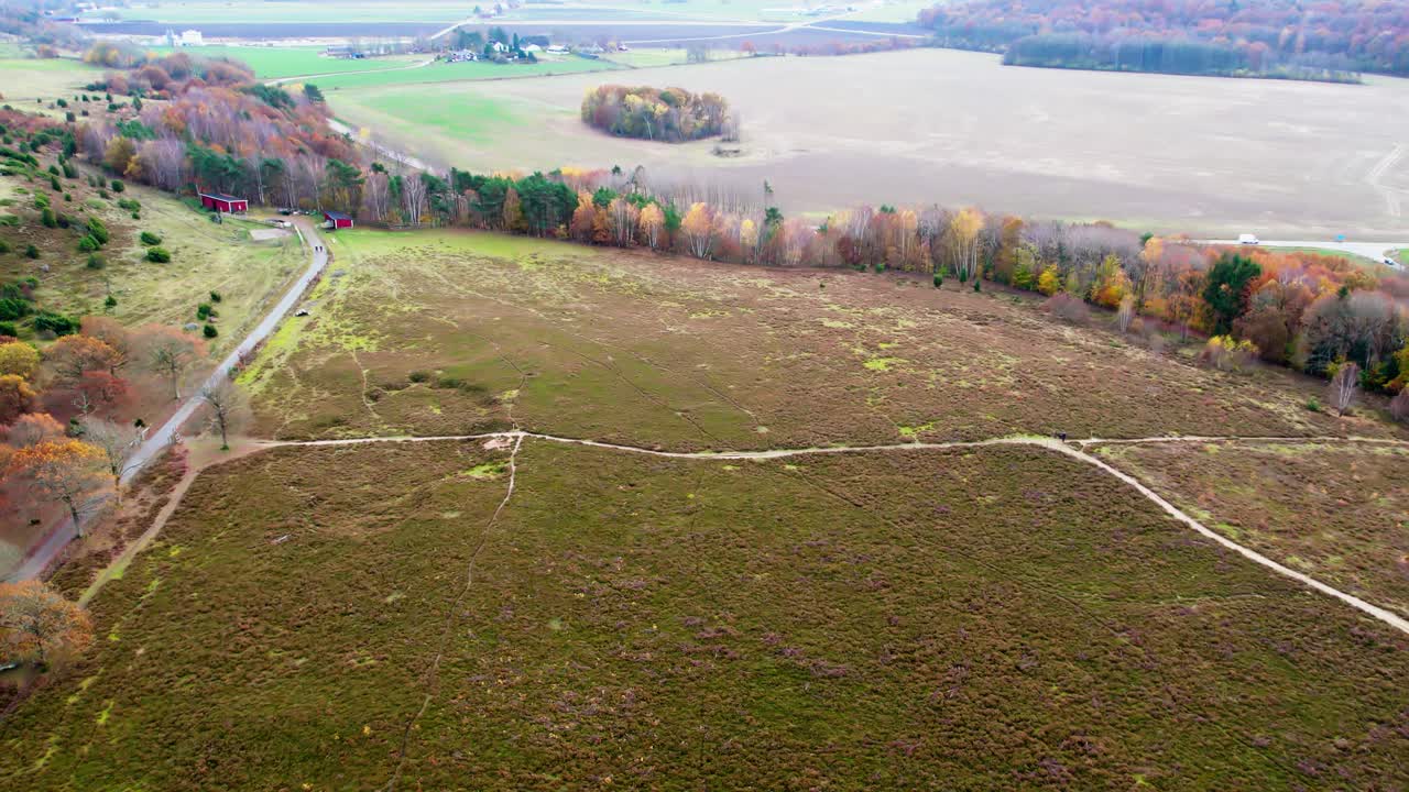 Aerial drone view of hiking trails crossing wetland landscape in Fjaras Bracka nature reserve in Sweden showing open terrain and autumn colors capturing scenic outdoor nature