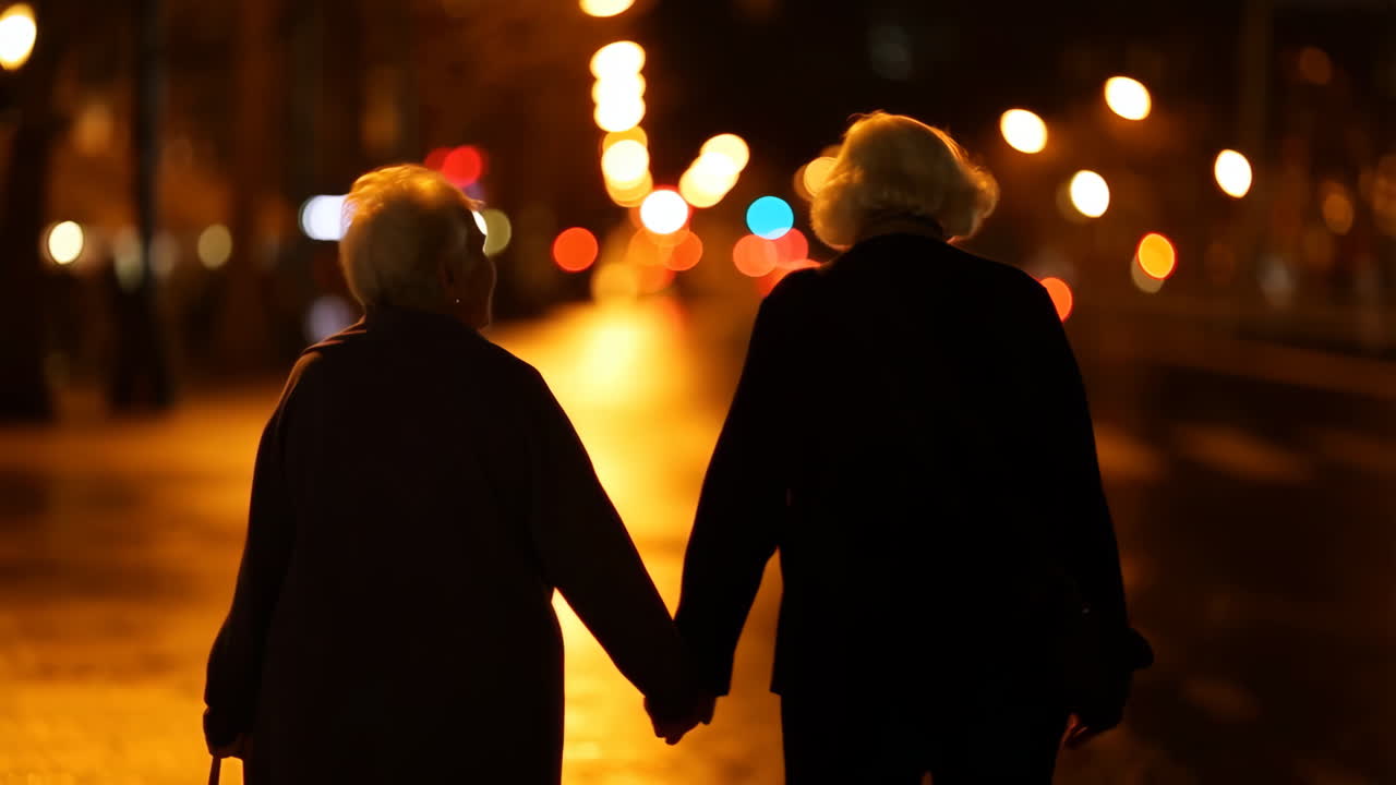 Elderly Couple Holding Hands Walking at Night