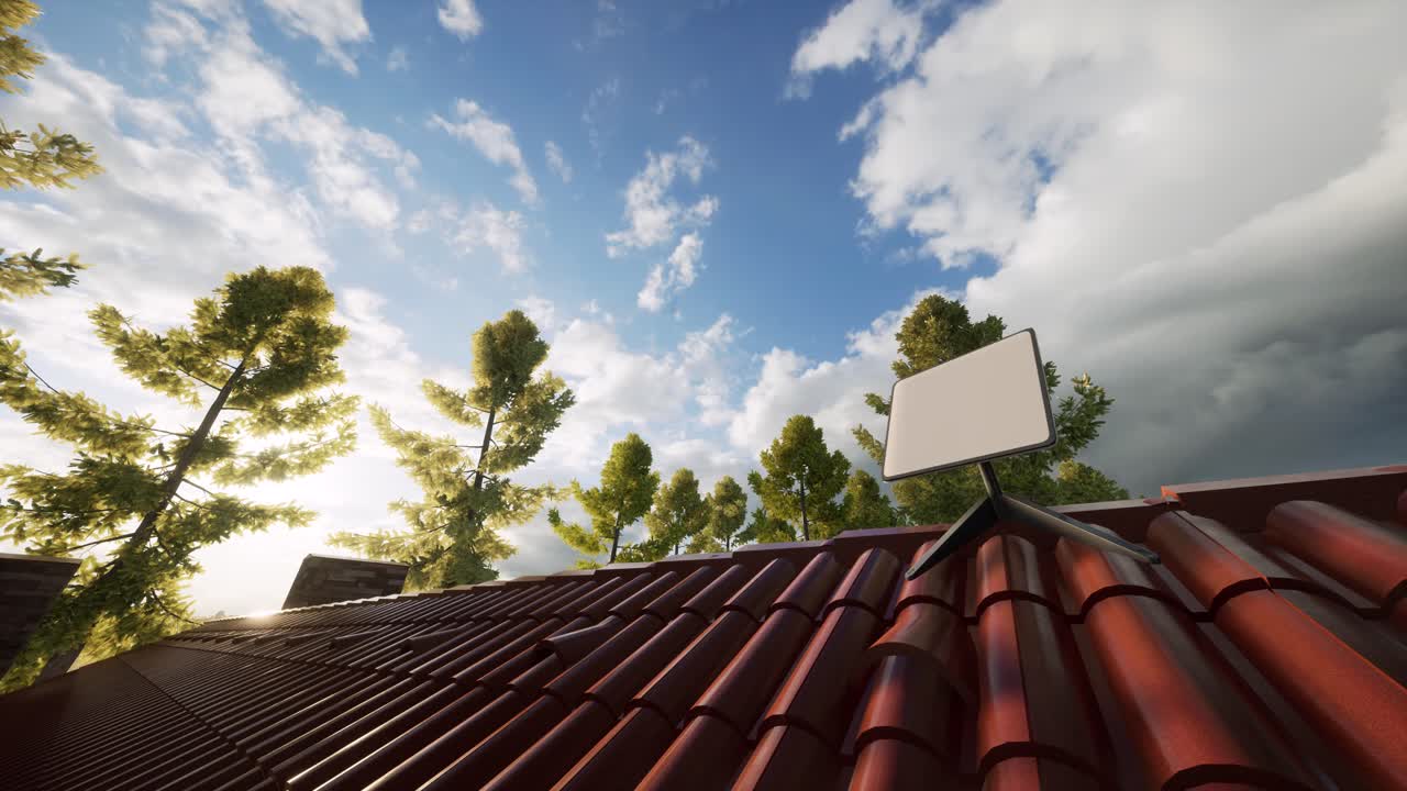 un tiro de animación en 3d de una antena receptora de internet por satélite en una valla de una casa rural.