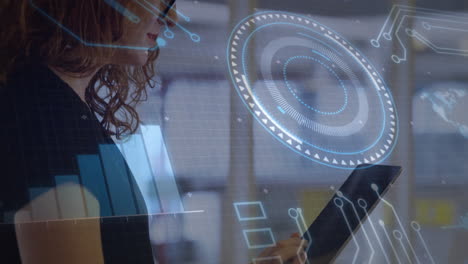 using tablet with futuristic data overlay, woman analyzing information in office