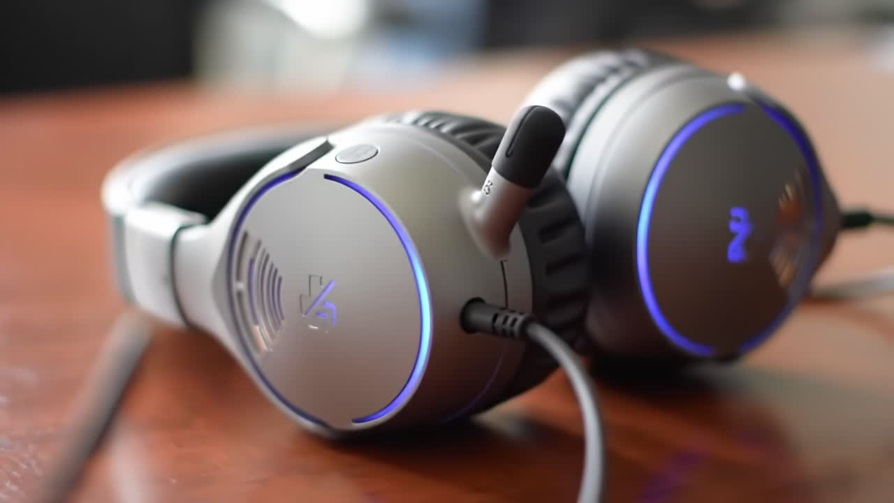 Close-Up of a Stylish Pair of Gaming Headphones with Elegant Design and LED Accents, Showcasing Quality Sound and Comfort for an Immersive Audio Experience