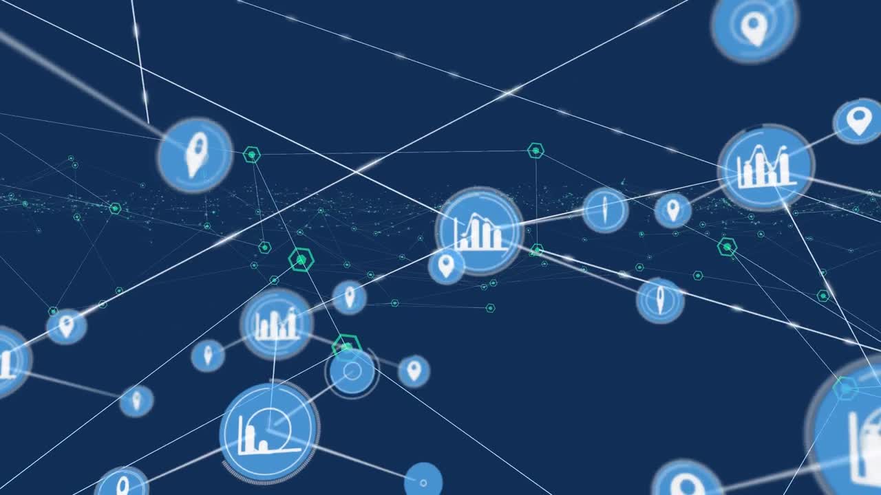 Animation of network of connections with icons on blue background