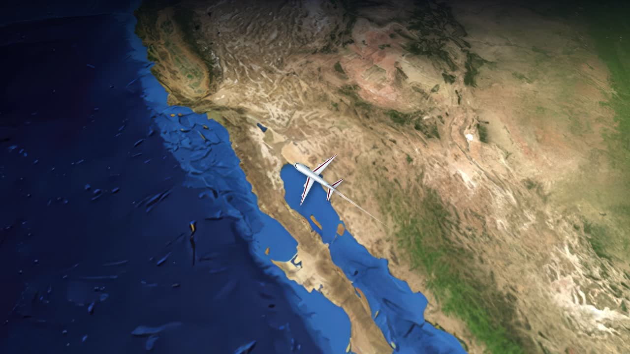 Animering av satellitvy följer ett kommersiellt flygplan som flyger från Mexico City över Stilla havet