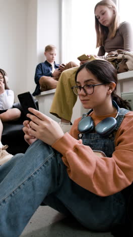 young people engaged with smartphones in a casual indoor setting