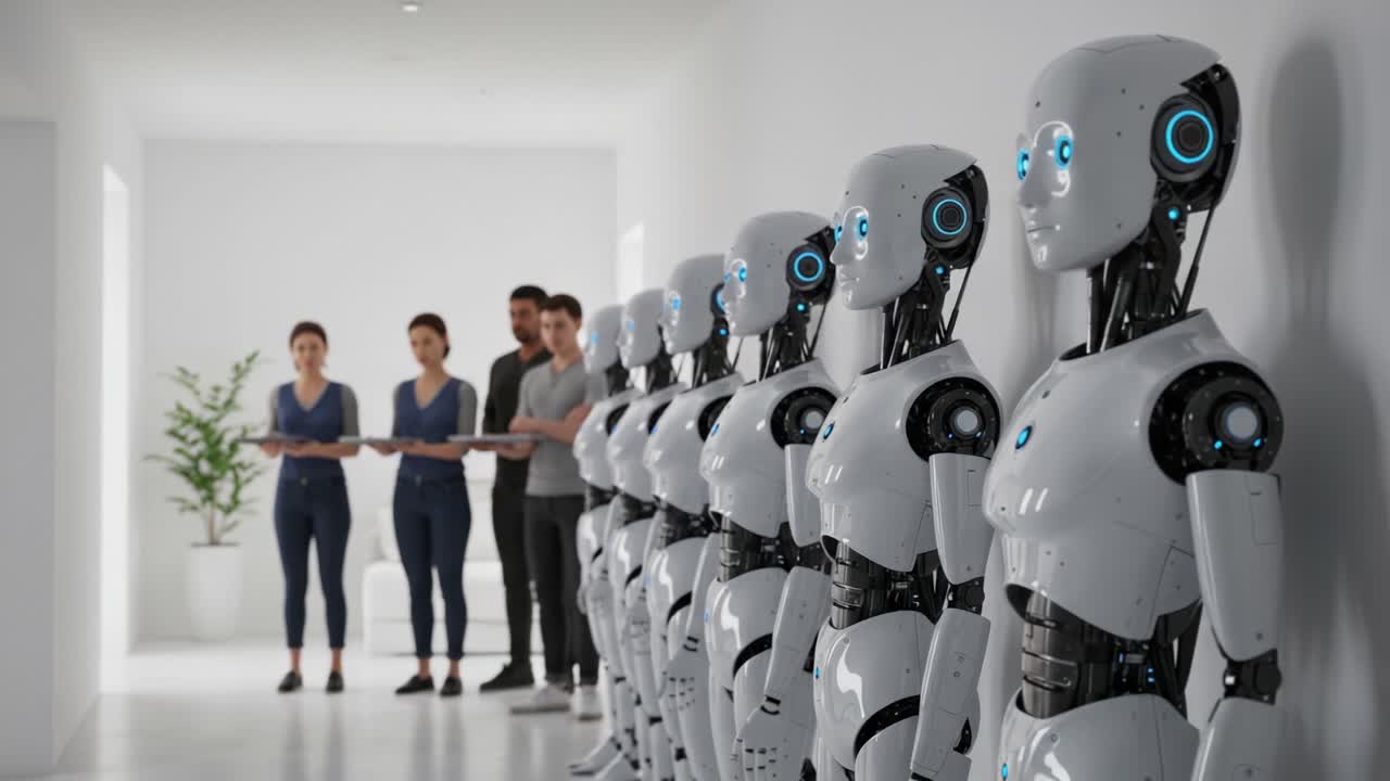 A Futuristic Scene with Advanced Robots and Humans Interacting in a Sleek, Minimalistic Environment Showcasing Technology Integration and Collaboration