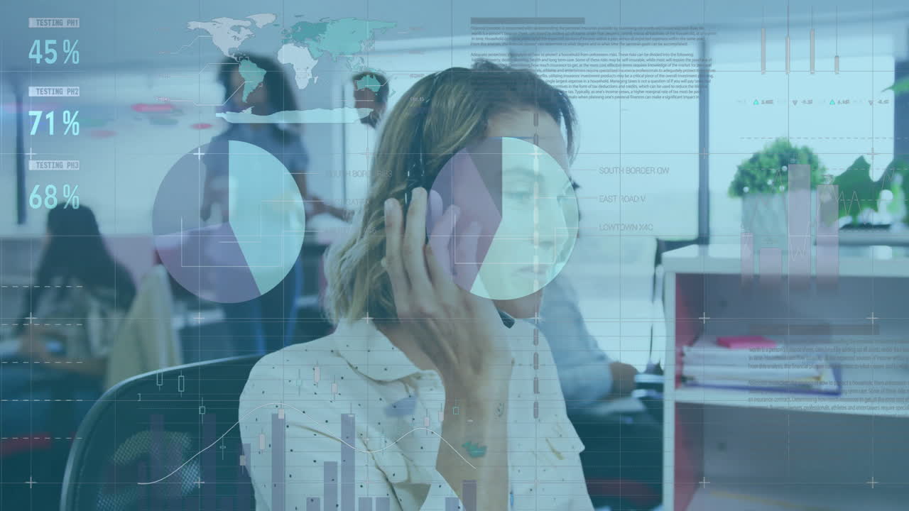 데이터 분석 애니메이션 오피스 배경, 헤드을 가진 고객 서비스 담당자