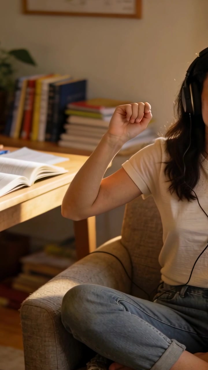 Vídeo vertical: Mulher de jeans com fone de ouvido em casa, em movimento panorâmico, fechando os olhos, cerrando o punho, com espaço para texto.