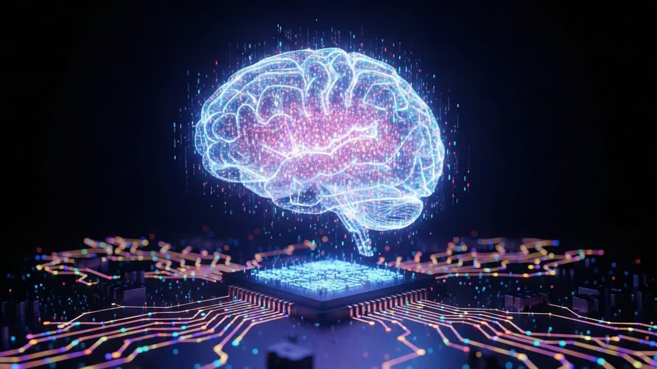 The Fusion of Neurology and Technology: A Visual Exploration of a Dynamic Brain Illustration Merging with a Computer Chip Circuitry in an Advanced Digital Context