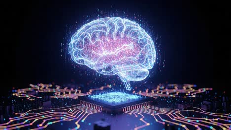 the fusion of neurology and technology: a visual exploration of a dynamic brain illustration merging with a computer chip circuitry in an advanced digital context