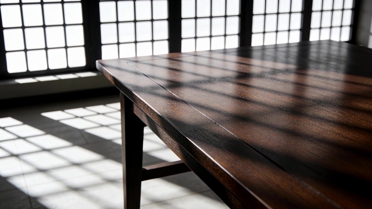 Luce solare mutevole che si muove attraverso una finestra a griglia, proiettando ombre a griglia su un tavolo di legno, mentre il sole si sposta.