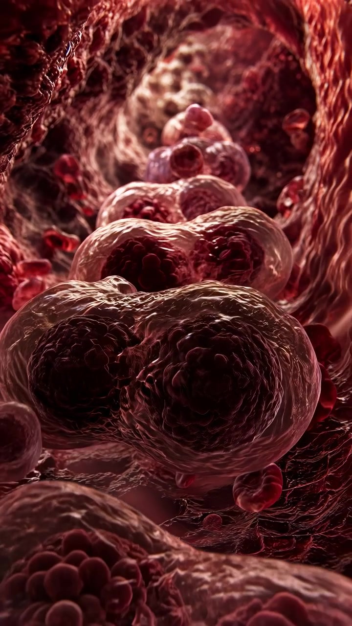 Red translucent rounded forms shift across dark surface with soft illumination, overlapping layers, and curved textures that create evolving abstract movement and rich contrast throughout video