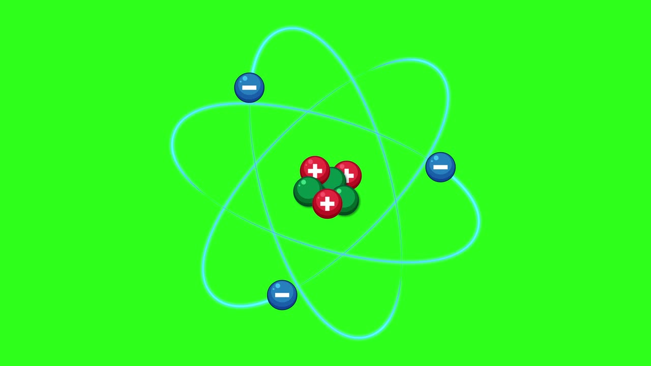 Atom model with orbiting electrons rotates smoothly, bright green background, scientific educational animation