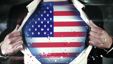 colorful confetti falling against man with u.s. flag on his chest