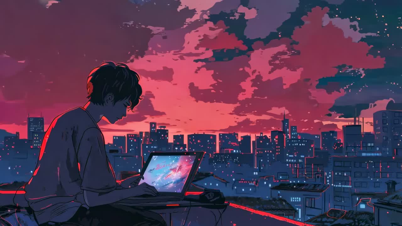 Silhouette of a person using a laptop on a rooftop at sunset, with a cityscape backdrop