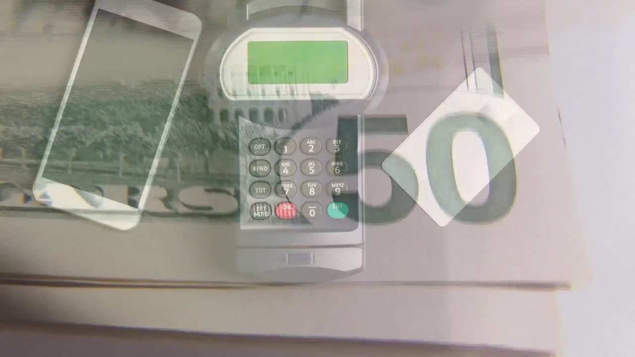 미국 달러 지폐와 결제 터미널의 애니메이션