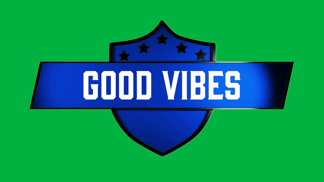 Animazione di testo bianco 'good vibes' su scudo blu su sfondo bianco.