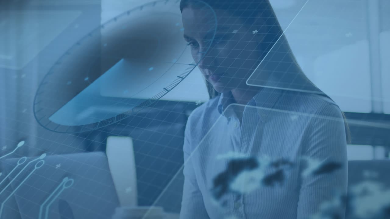 Camera panning, woman typing laptop by red cup, leaning and analyzing data with tech globe overlays