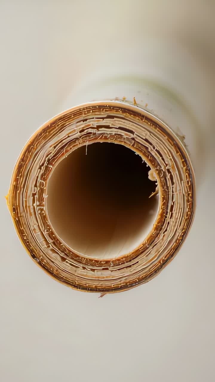 Video verticale: la camera si allontana rivelando un'anima cava arrotolata, un bordo strappato e una striscia verde sulla scrivania