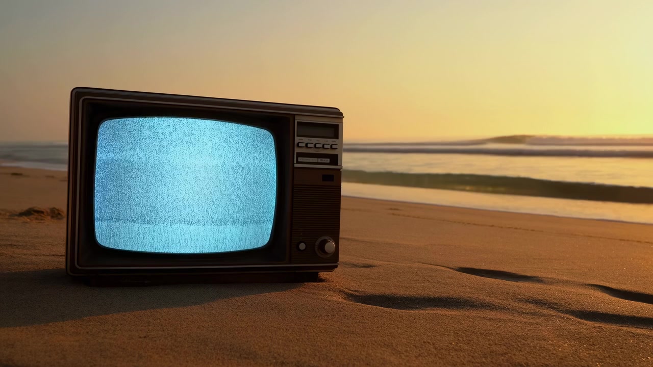 Un televisore vintage si trova sulla sabbia increspata vicino alla riva sotto un cielo al tramonto splendente, con acqua calma e un orizzonte tranquillo sullo sfondo. Lo schermo