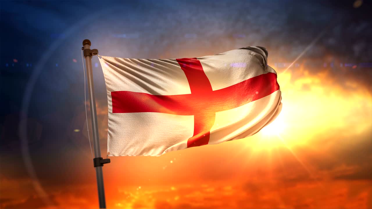 la bandera de inglaterra retroiluminada en el hermoso amanecer del bucle de cámara lenta 4k