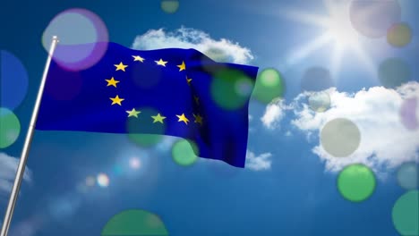 Animation-of-flag-of-european-union-with-spots-and-sunny-sky