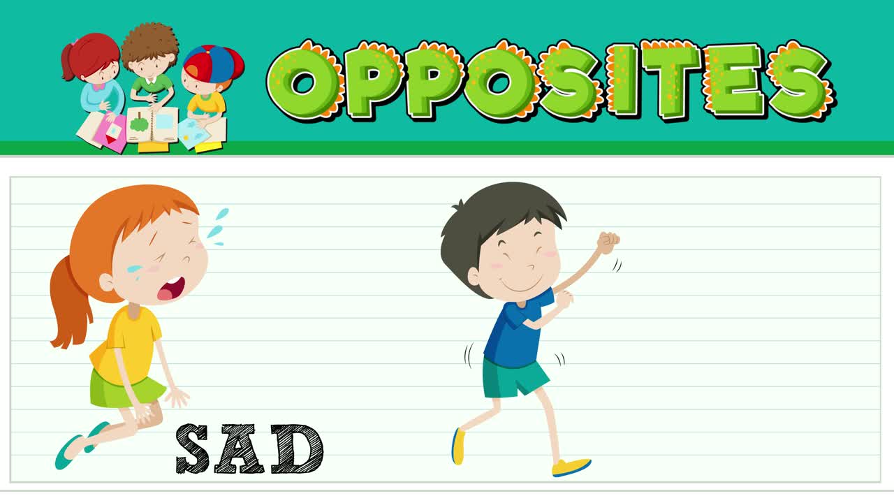 Colorful animation illustrating the contrast between sad and happy emotions with playful characters and dynamic transitions