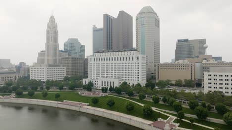 Aerial-view-of-Columbus-Ohio-on-a-foggy-smoky-day---approaching-city