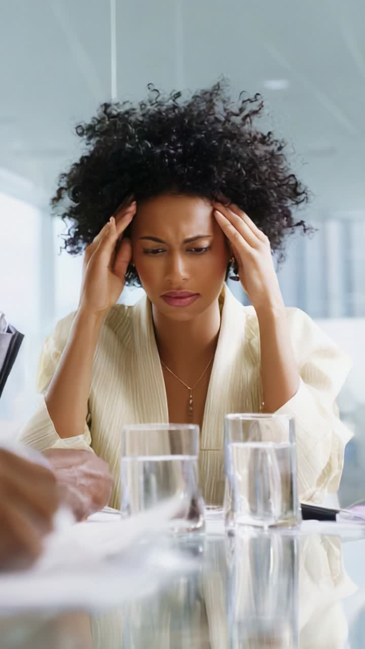 A woman experiencing stress and frustration, showing signs of emotional distress while seated at a table with glasses of water in a bright, modern environment