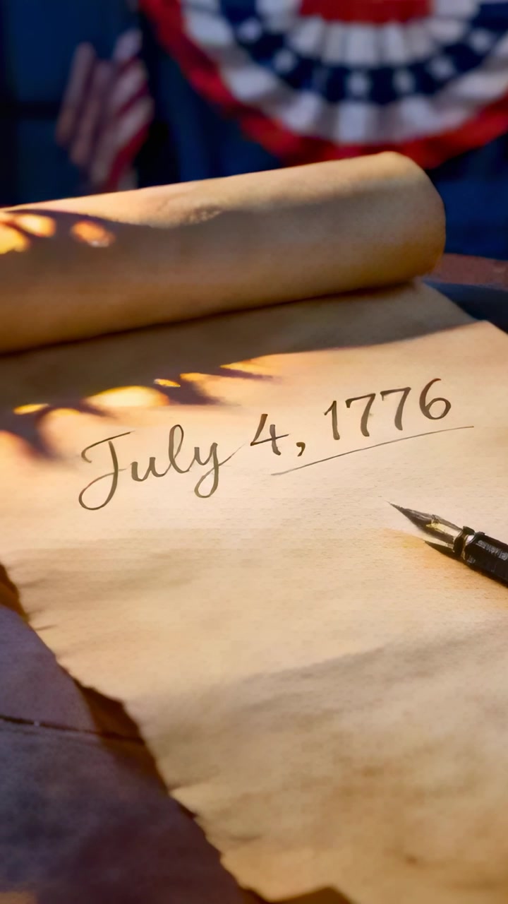 Vertical video: Pulling back camera revealing paper dated 7 or 4 or 1776 on desk with pen and buntin